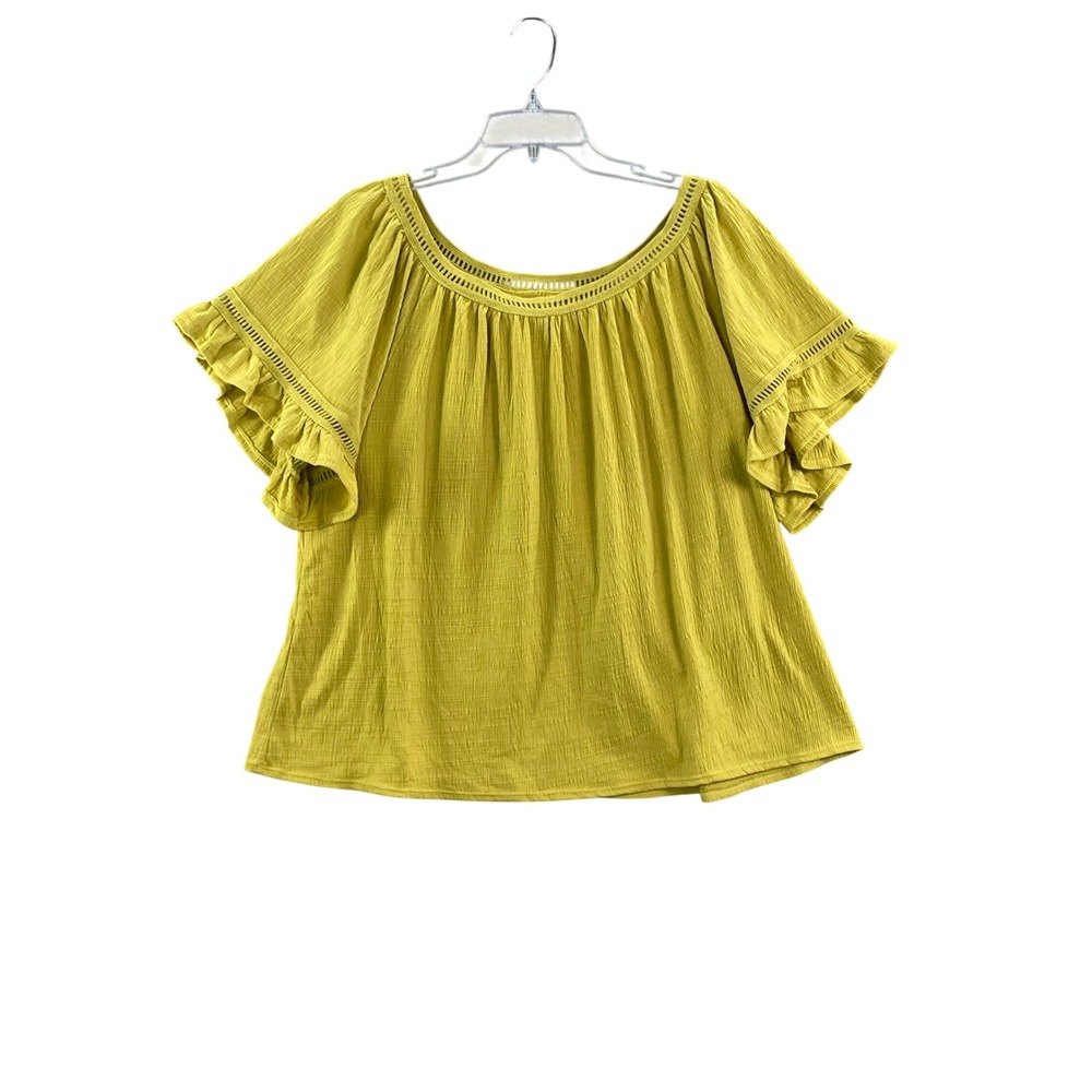 Max Studio Blouse Womens 1X Yellow Ruffle Sleeve Crochet Trim Top‎ 4W04S39